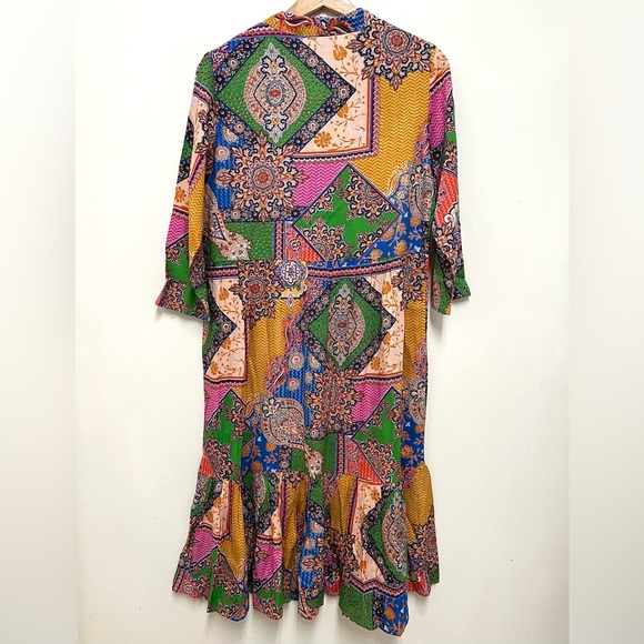 Zoey & Leelo Colorful Ruffled Bottom Rayon Dress 3/4 Sleeves Size S NWOT - Picture 6 of 8